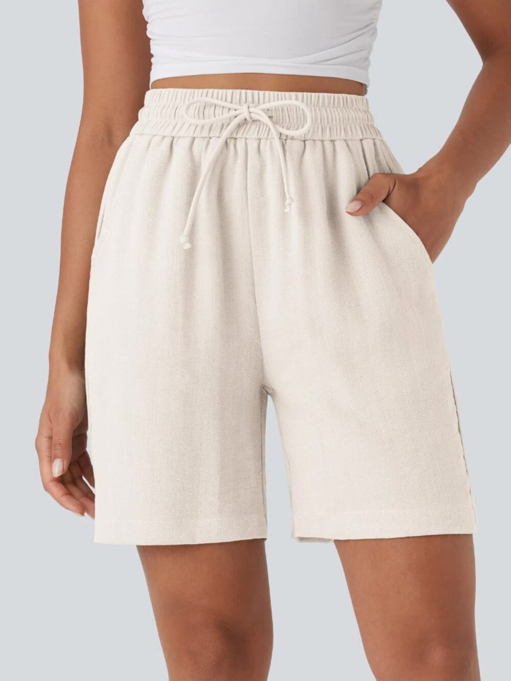 Halara High Waisted Drawstring Casual Linen-Feel Shorts with Pockets